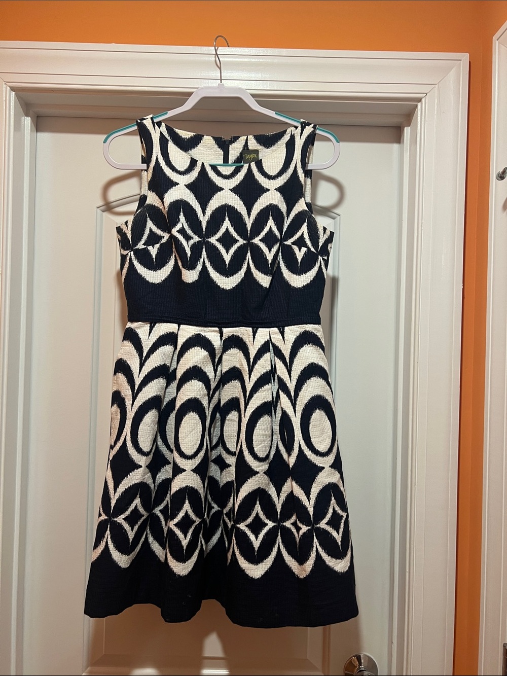Taylor Navy and White Patterned Sleeveless Fit-and-Flare Dress
